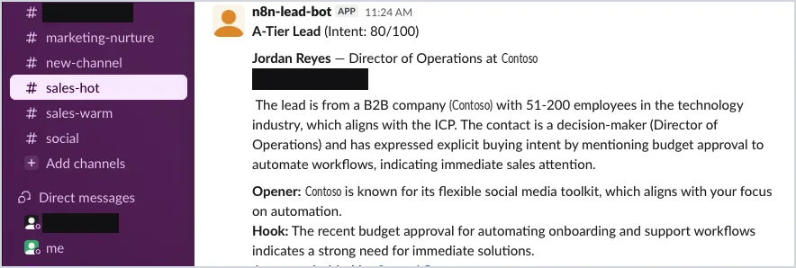 Team chat notification for an A-tier lead scoring 80 out of 100 buying intent, showing the reasoning behind the score and a drafted opening line.