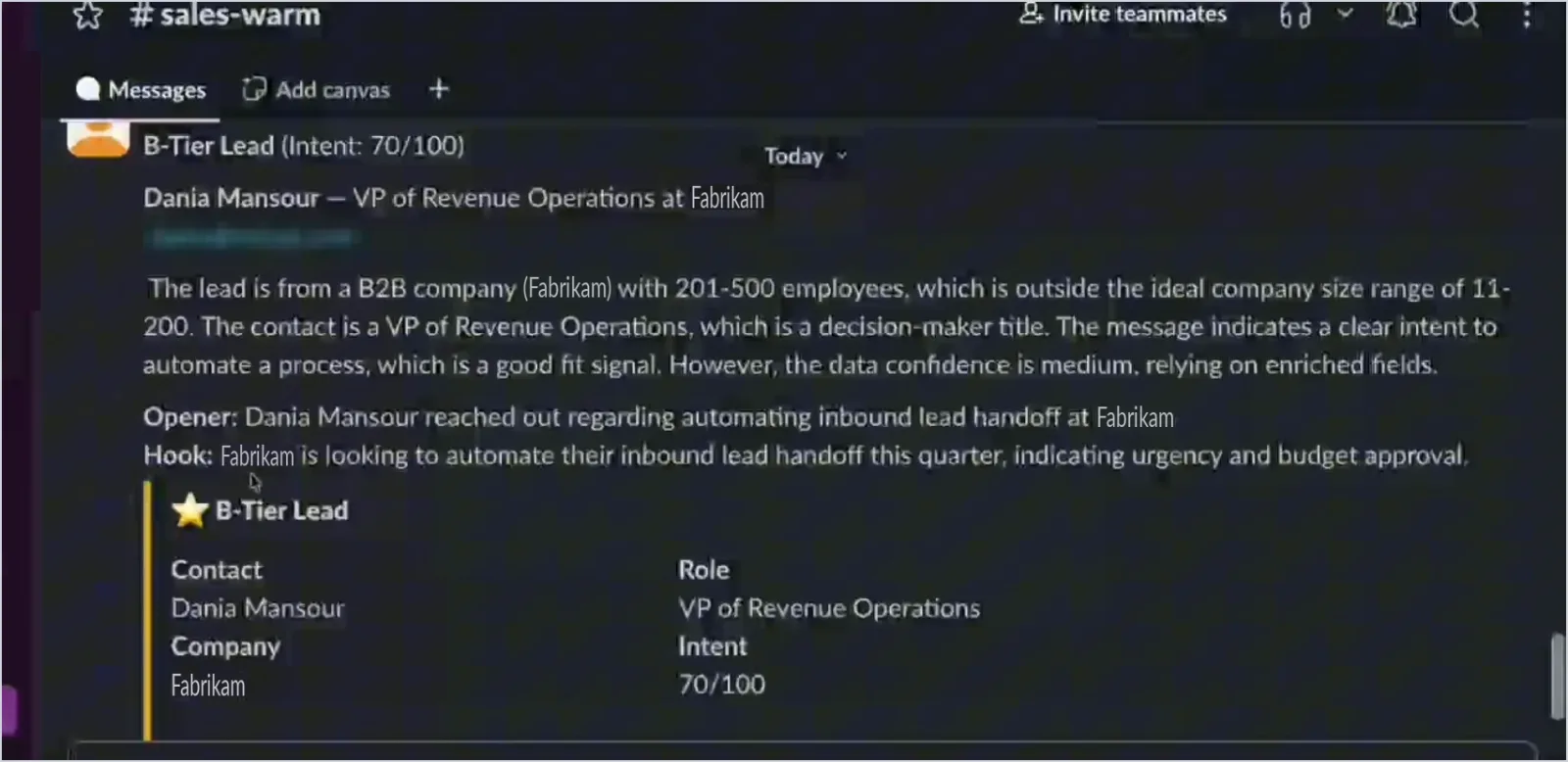 Team chat notification for a B-tier lead scoring 70 out of 100, explaining that the company sits outside the ideal size range despite a decision-maker contact.