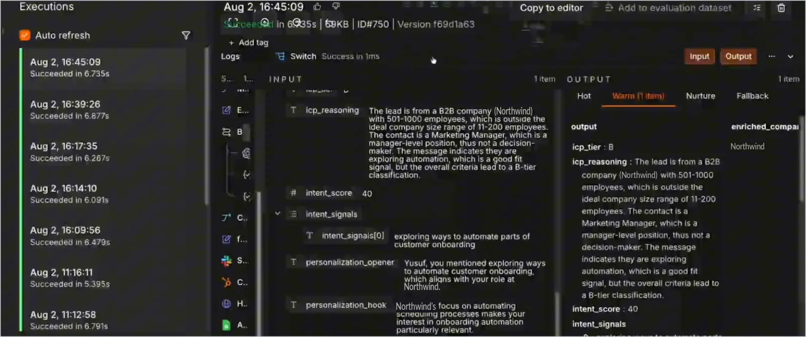 Run history alongside a single execution opened up, showing the intent score, the written reasoning and the channel it selected.